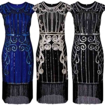 Retro Round-neck Sleeveless Tassels Printed Pattern Paillette Dress