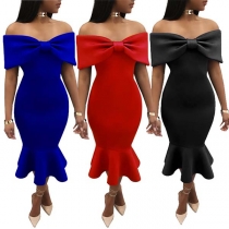 Sexy Off-shoulder Bowknot Solid Color Lotus Hemline Slim Fit Dress
