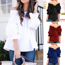 Sexy Boat-neck Bowknot Lace-up Solid Color Spliced Shirt