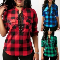 Sexy Contrast Color Front Lace-up Bandaged Two Pockets Long Sleeve Plaid Shirt