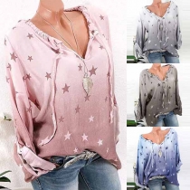 Fashion Solid Color Pattern Printed Elastic V-neck Long Sleeve Shirt