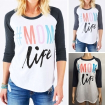 Fashion Contrast Color 3/4 Sleeve Round Neck Letters Printed T-shirt 
