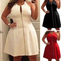Elegant Solid Color Sleeveless Round Neck Zipper Dress