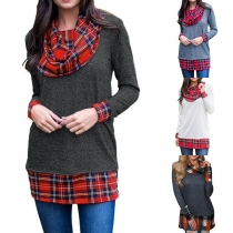 Fashion Plaid Spliced Long Sleeve Heaps Collar T-shirt 