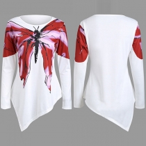 Fashion Butterfly Printed Long Sleeve Irregular Hem T-shirt 