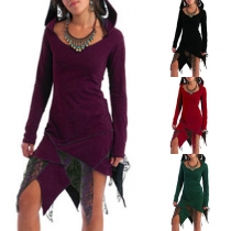Fashion Long Sleeve Irregular Hem Solid Color Hooded Dress