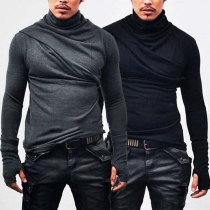 Fashion Solid Color Long Sleeve Heaps Collar Men's T-shirt 