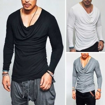 Casual Style Long Sleeve Cowl Neck Solid Color Men's T-shirt 