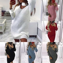 Sexy Hollow Out V-neck Long Sleeve Pearl Inlaid Slim Fit Sweater Dress