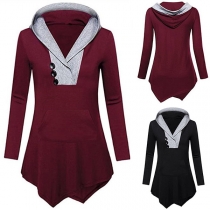 Fashion Contrast Color V-neck Irregular Hem Hooded Sweatshirt 