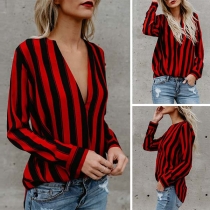Fashion Long Sleeve V-neck Striped Blouse