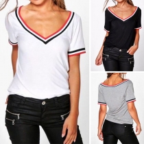 Fashion Contrast Color Short Sleeve V-neck T-shirt 