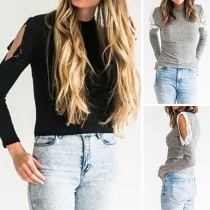 Sexy Round-neck Solid Color Hollow Out Long Sleeve Embroidered Spliced Shirt