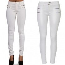 Fashion Solid Color High Waist Slim Fit PU Leather Pants