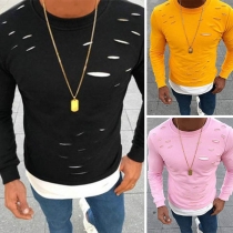 Fashion Contrast Color Long Sleeve Round Neck Ripped Men's T-shirt