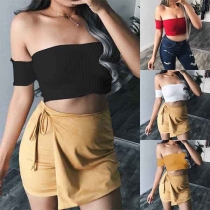 Sexy Off-shoulder Boat Neck Short Sleeve Solid Color Crop Top 