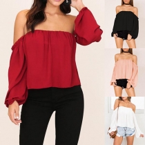 Sexy Off-shoulder Boat Neck Lantern Sleeve Solid Color Top