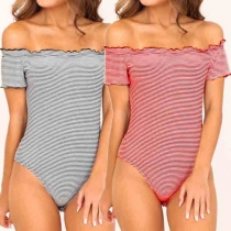 Sexy Off-shoulder Boat Neck Short Sleeve Striped Bodysuit
