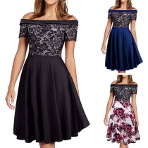 Sexy off-shoulder Boat Neck High Waist Lace Spliced Dress