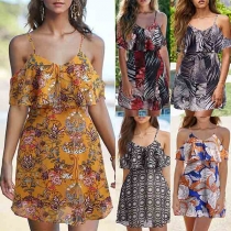 Sexy Off-shoulder High Waist Printed Sling Dress