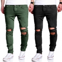Chic Style Hollow Out Ripped Solid Color Men's Pants