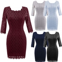 Elegant Solid Color 3/4 Sleeve Round Neck Slim Fit Lace Dress
