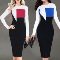 OL Style Long Sleeve Round Neck Contrast Color Slim Fit Dress