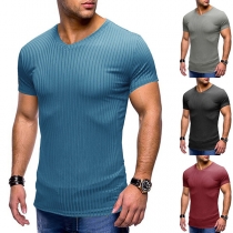 Fashion Solid Color Short Sleeve V-neck Men's T-shirt