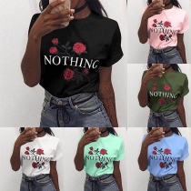 Fashion Rose Letters Printed Short Sleeve Round Neck T-shirt