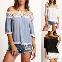 Sexy Off-shoulder Boat Neck Half Sleeve Lace Spliced Top