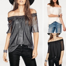 Sexy Off-shoulder Boat Neck Short Sleeve Solid Color Chiffon Top