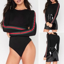 Fashion Colored Ribbon Spliced Long Sleeve Round Neck Bodysuit
