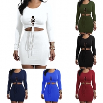 Sexy Long Sleeve Round Neck Crop Top + High Waist Skirt Two-piece Set