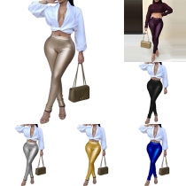 Fashion Solid Color High Waist Slim Fit PU Leather Pants