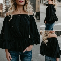 Sexy Off-shoulder Boat Neck Trumpet Sleeve Pearl Inlaid Loose Top