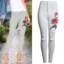 Fashion High Waist 3D Embroidered Ripped Skinny Jeans