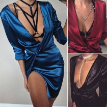 Sexy Deep V-neck Slit Hem Long Sleeve Solid Color Dress