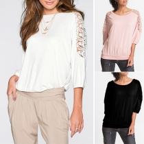 Fashion Solid Color Lace Spliced 3/4 Sleeve Round Neck T-shirt 