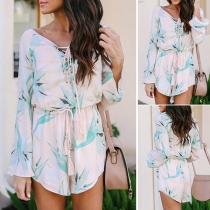 Fashion Long Sleeve Lace-up V-neck Printed Romper