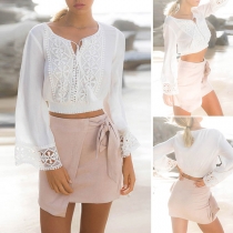 Sexy Lace Spliced Long Sleeve V-neck Solid Color Crop Top 