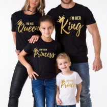 Fashion Gold-tone Letters Printed Short Sleeve Round Neck Parent-child T-shirt
