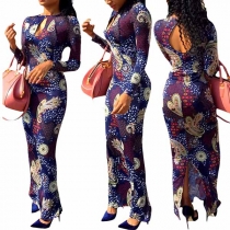 Sexy Backless Slit Hem Long Sleeve Slim Fit Printed Dress