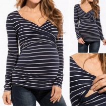 Fashion Long Sleeve V-neck Striped T-shirt for Pregnant Women