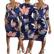 Sexy Deep V-neck Long Sleeve Slim Fit Printed Dress