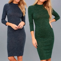 Elegant Solid Color 3/4 Sleeve Round Neck Slim Fit Dress