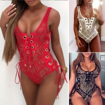 Sexy Sleeveless Lace-up Lace Bodysuit
