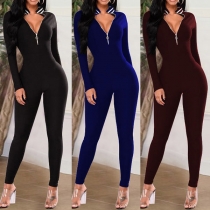 Sexy Contrast Color Long Sleeve Stand Collar Tight Jumpsuit 