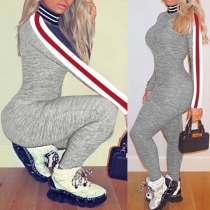 Fashion Striped Spliced Long Sleeve Stand Collar Tight Jumpsuit 