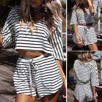 Fashion Half Sleeve V-neck Striped T-shirt + Shorts Two-piece Set