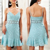 Sexy Backless V-neck High Waist Solid Color Hollow Out Sling Dress